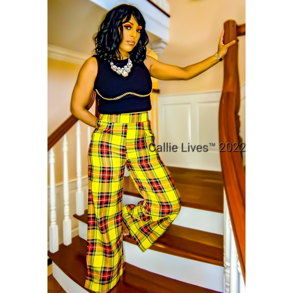 Callie Berry: Sunshine Yellow & Red Plaid Wide Leg Palazzo Pants 2 PK S M